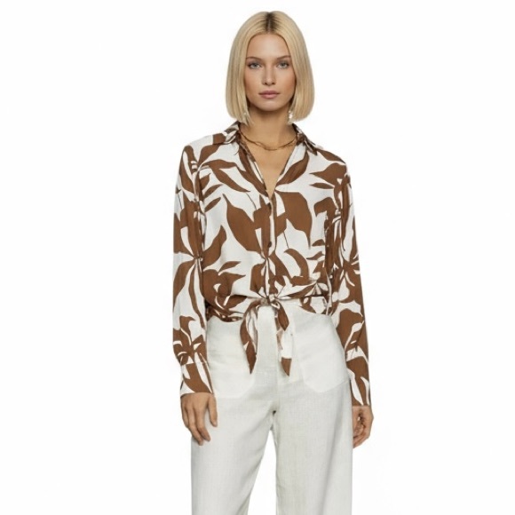 Sanctuary Tops - Sanctuary Women's Lover Printed Tie Shirt brown and white vintage foliage print